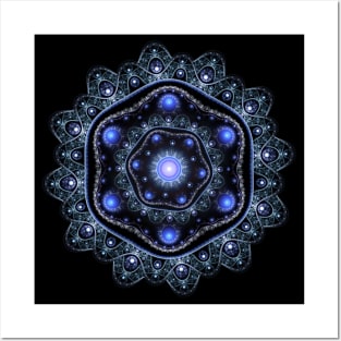 Blue Black Teal Shining Lace Boho Fractal Mandala Posters and Art